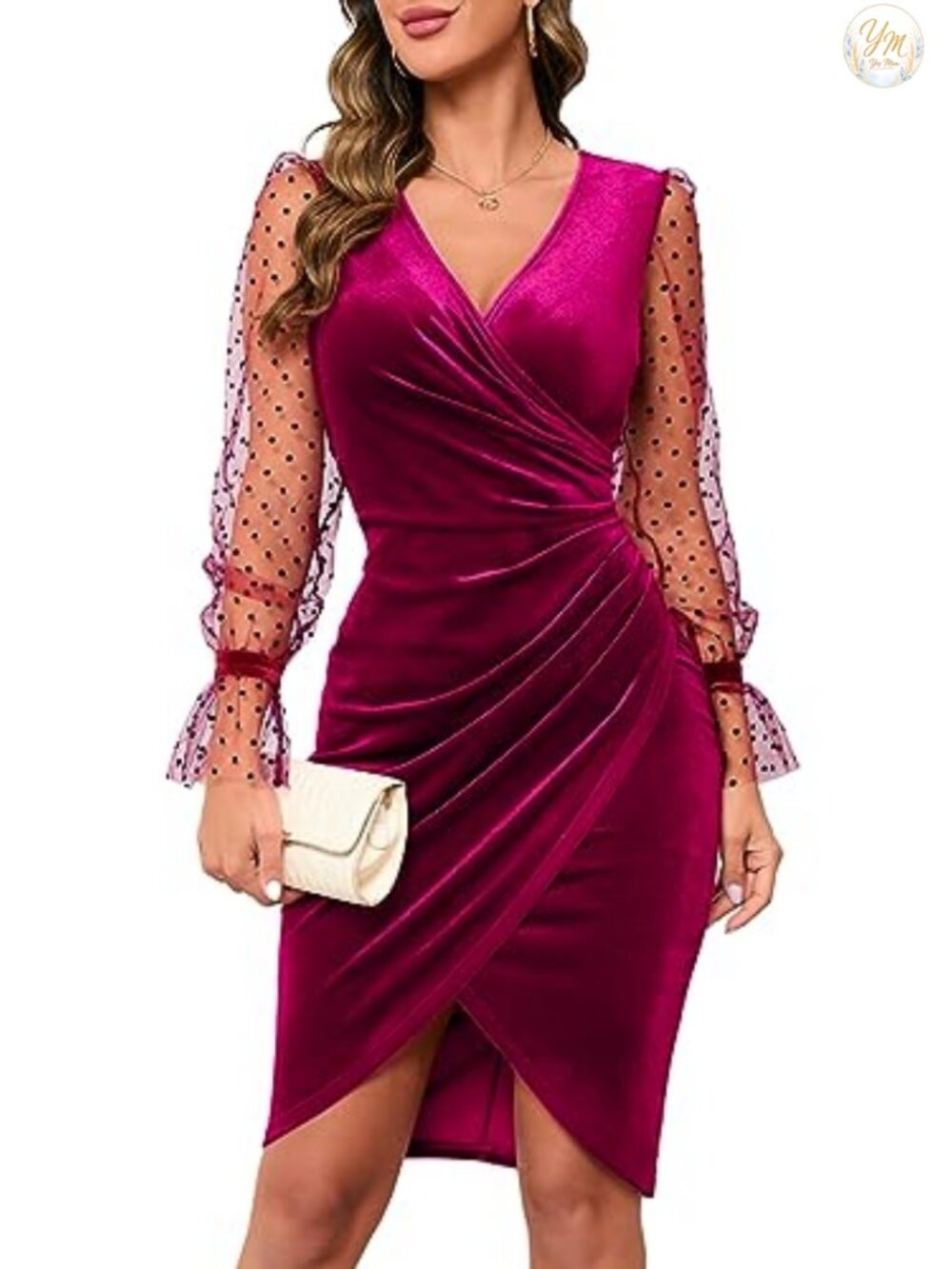 Sexy V Neck Velvet Faux Wrap Ruched Bodycon Midi Cocktail Party Dress